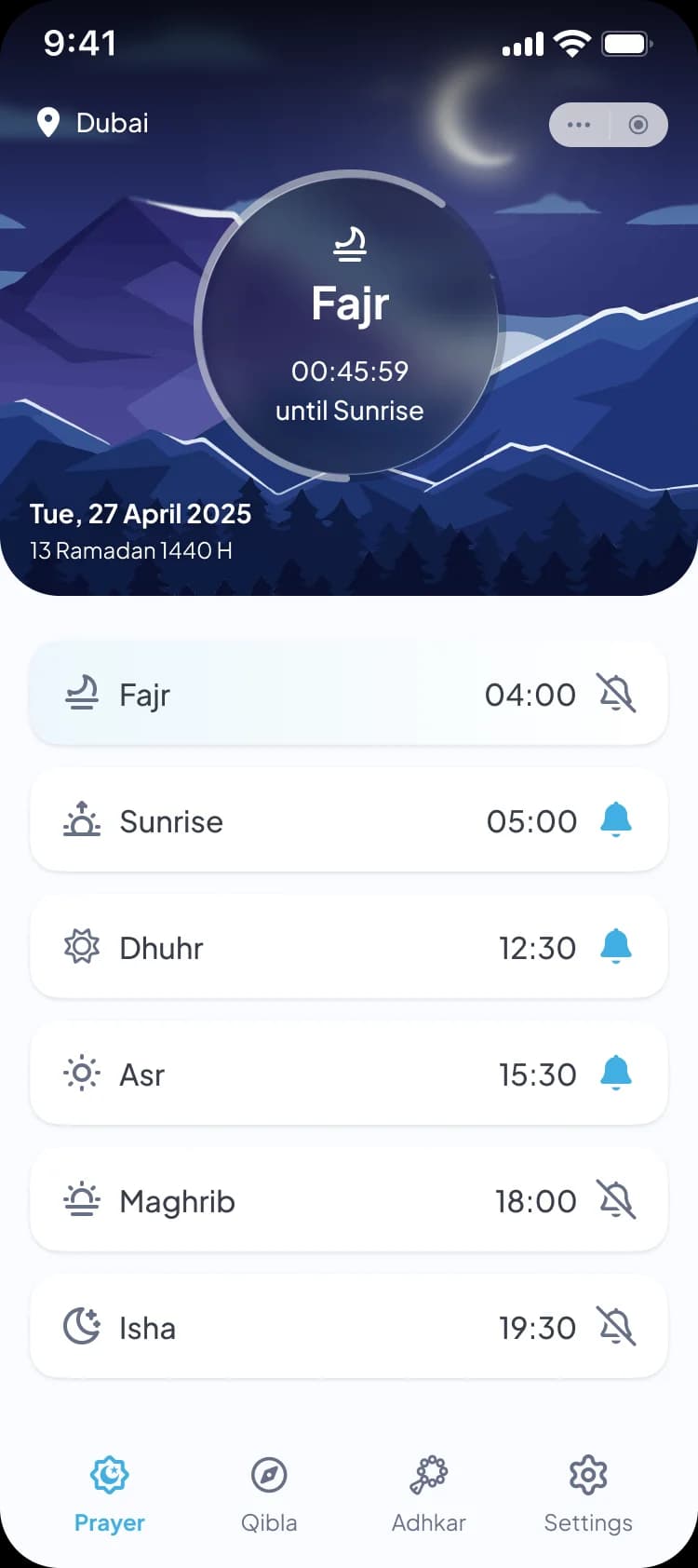 Deen prayer times screen