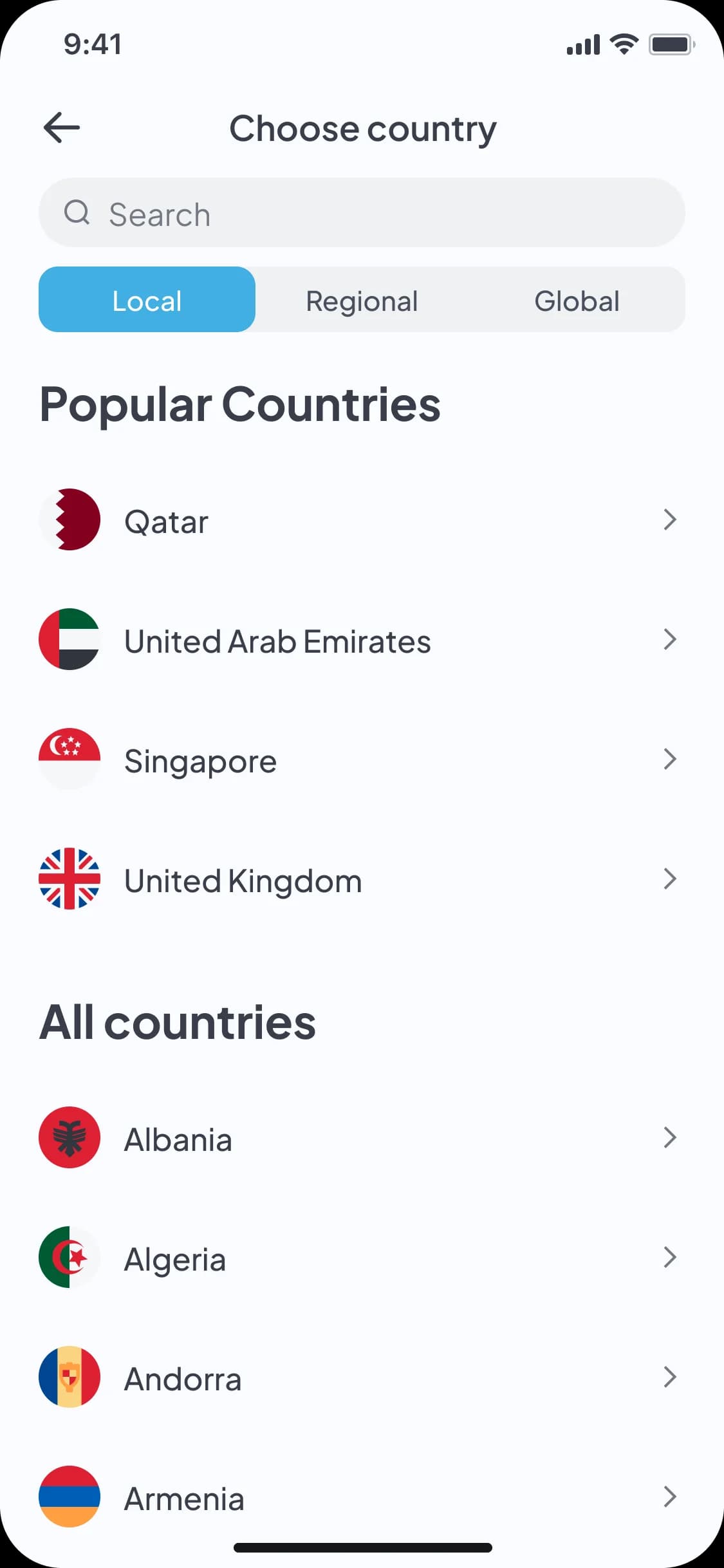 eSIM destination selection screen