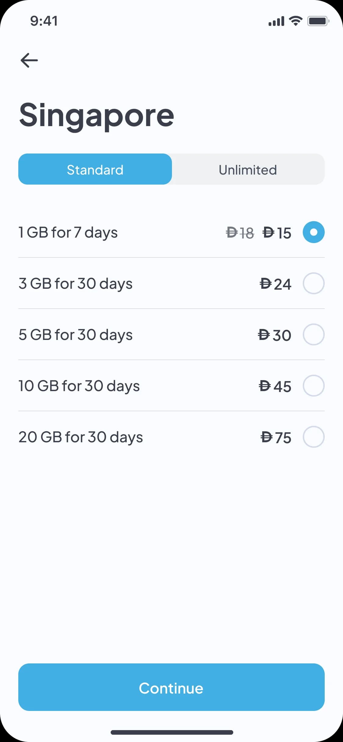 eSIM data plan selection screen