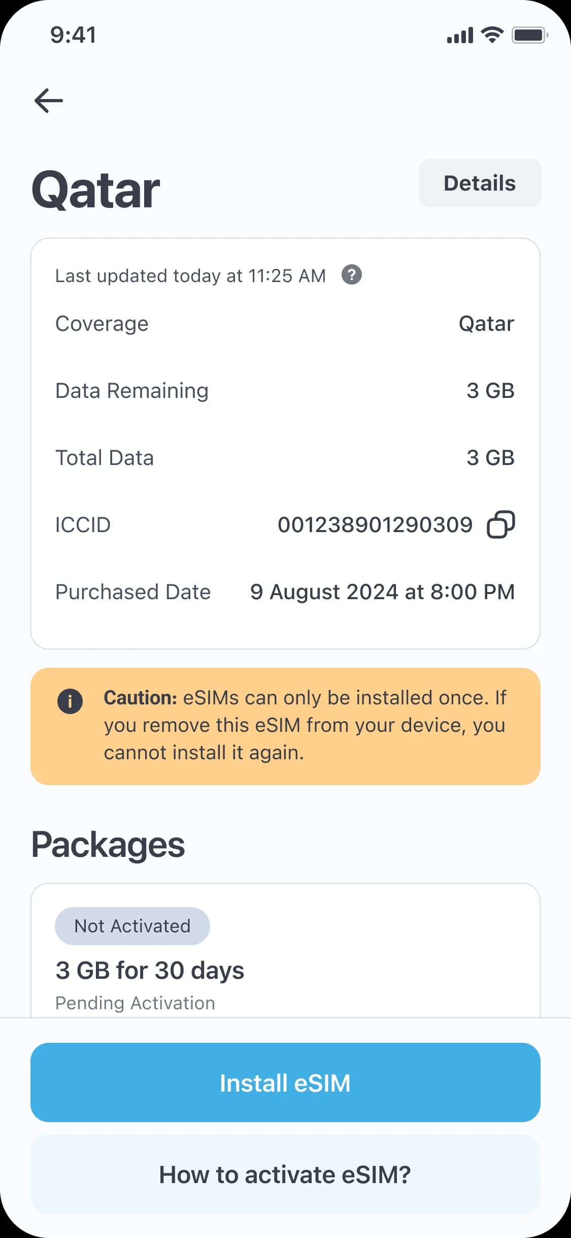 eSIM plan details screen