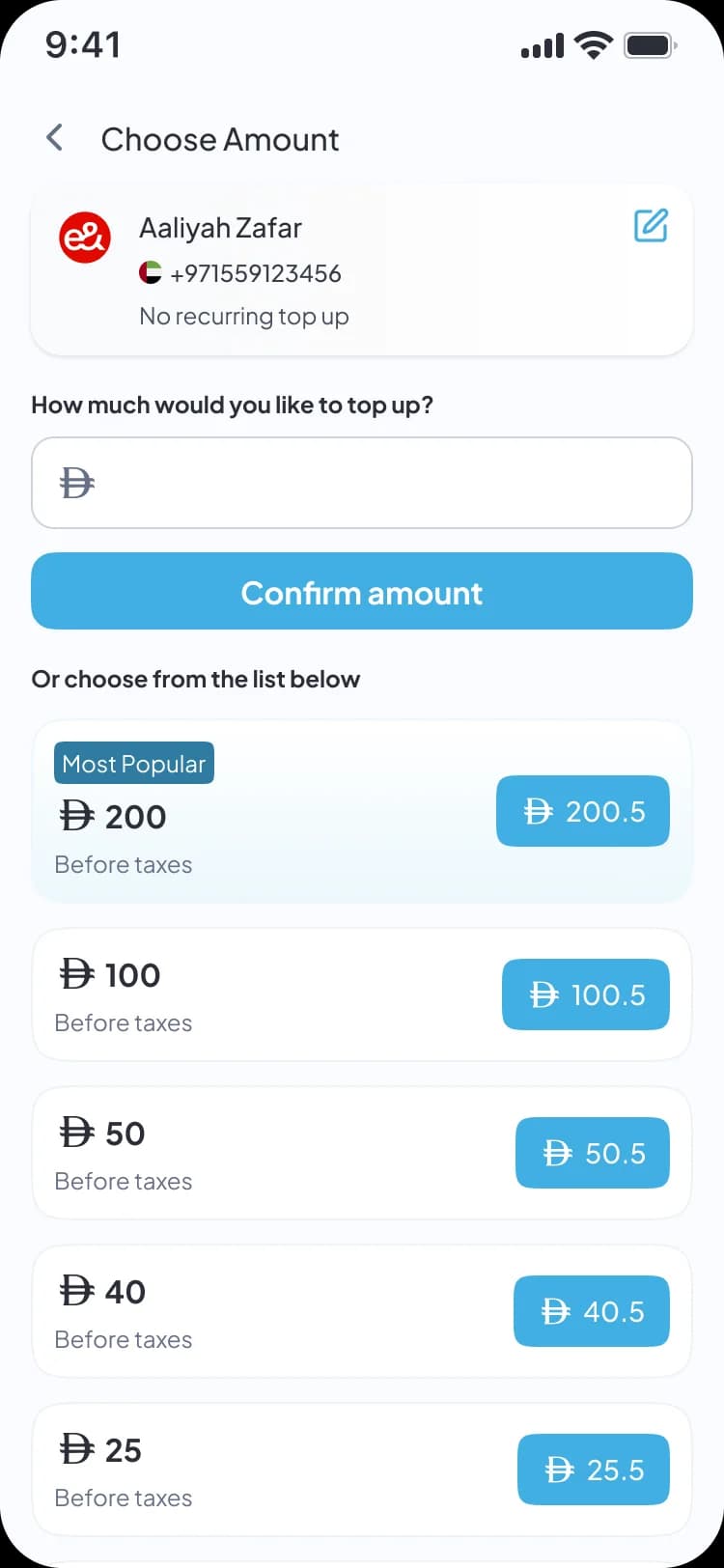 Mobile Top-Up amount selection screen
